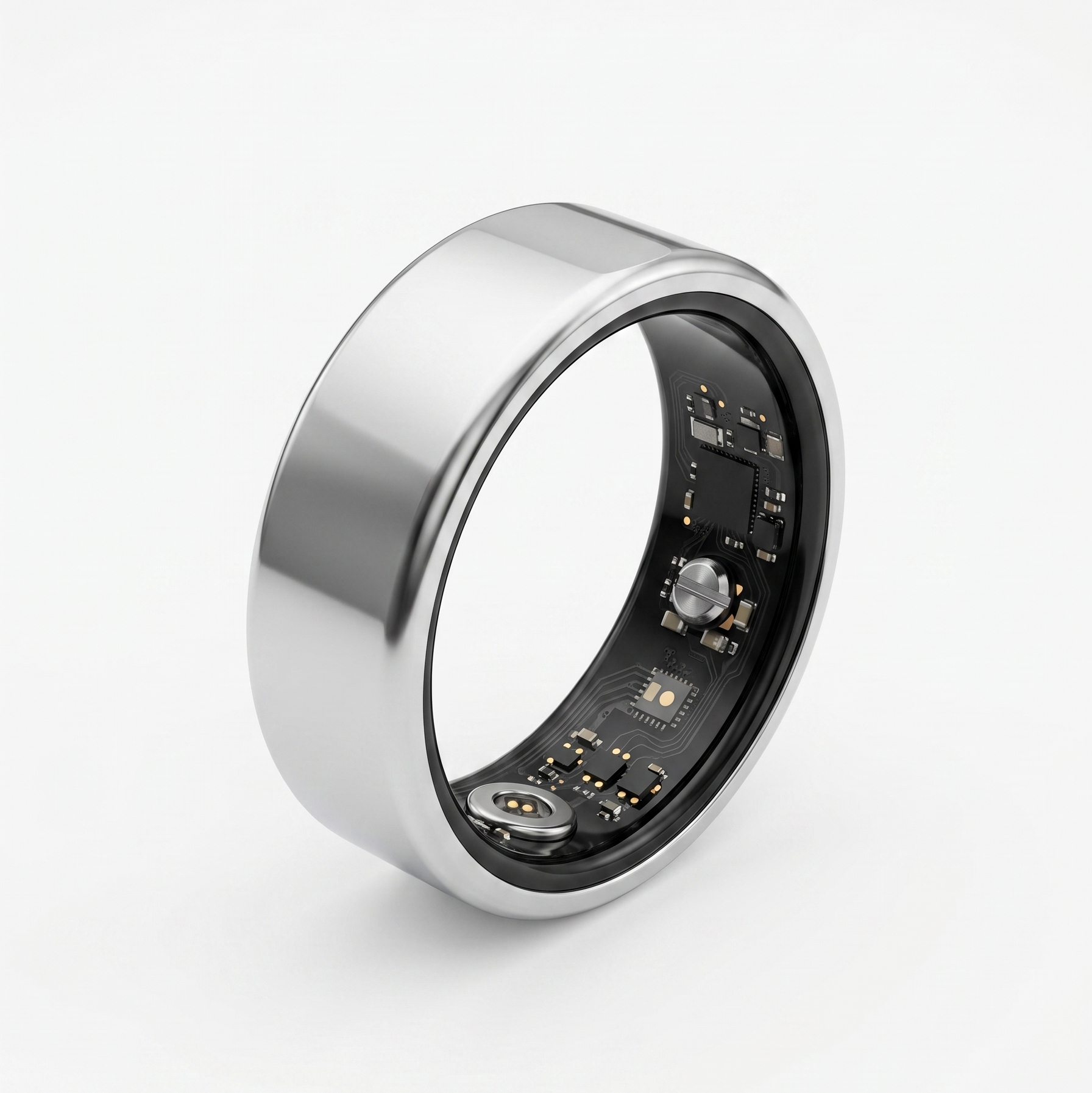Silver smart ring with electronic components on a white background