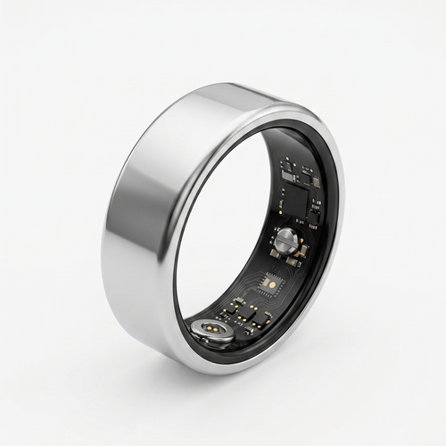 Silver smart ring with electronic components on a white background