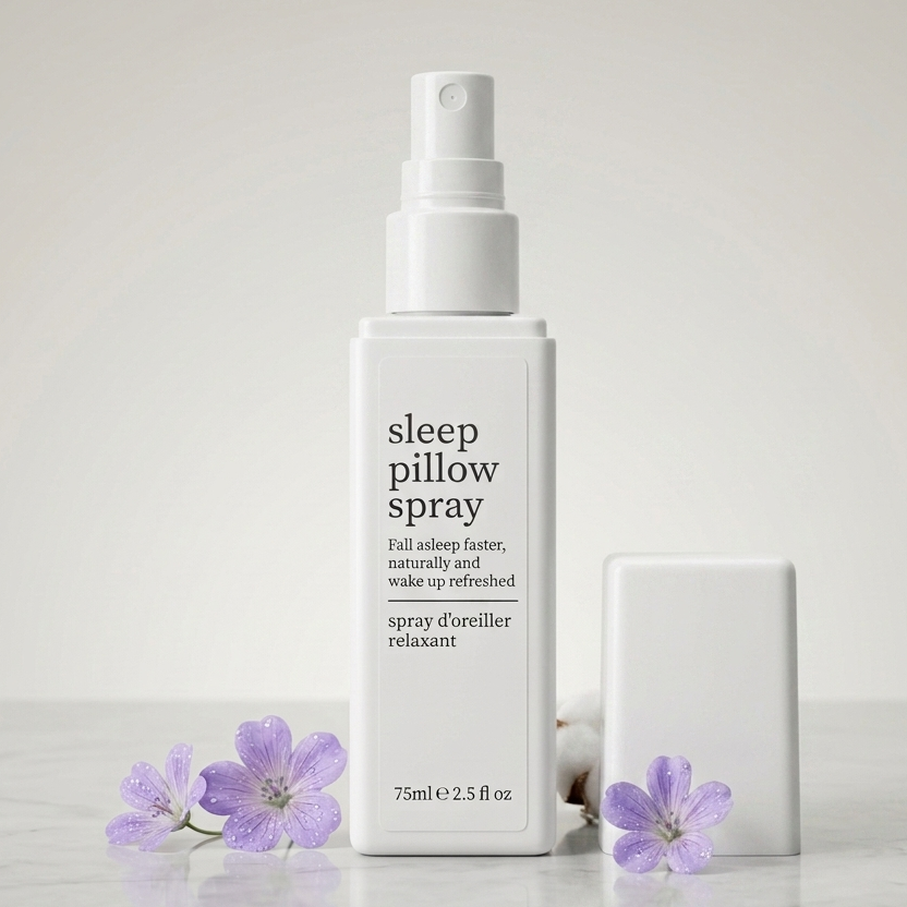 Sleep pillow spray bottle on a light background with flowers
