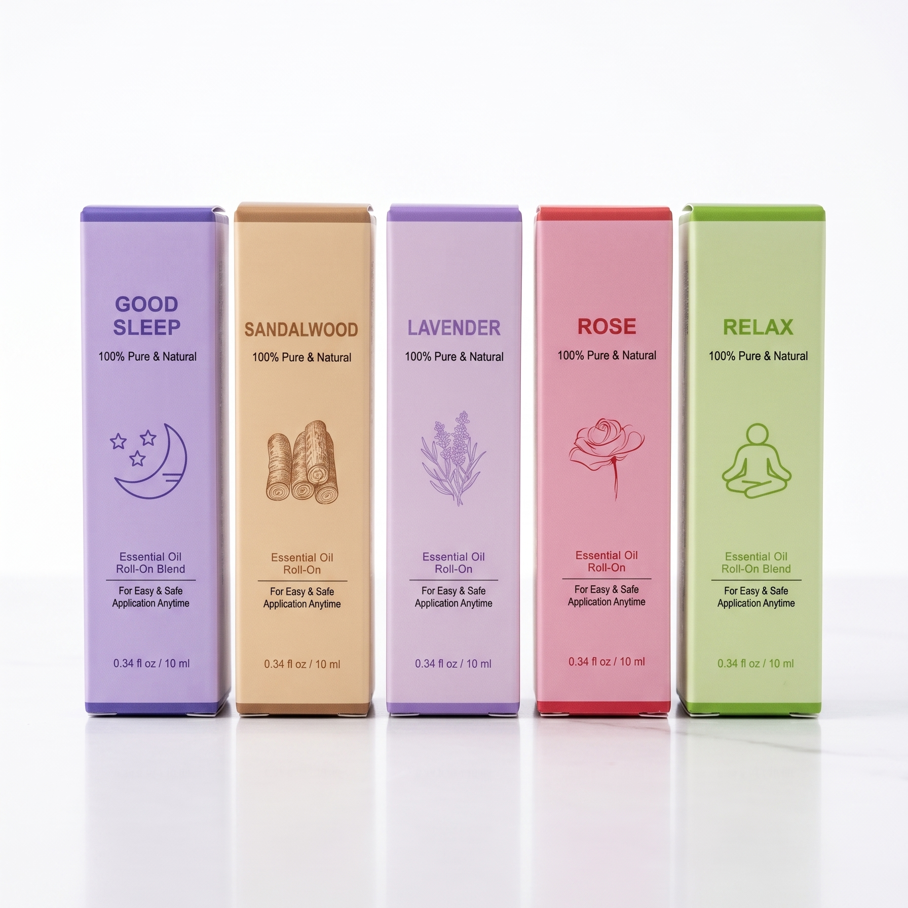 Five essential oil bottles with colorful labels on a white background