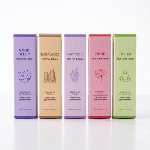 Five essential oil bottles with colorful labels on a white background
