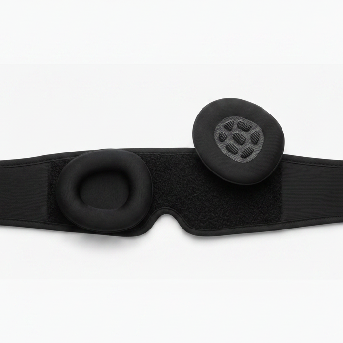 Black headband with two round cushions on a white background